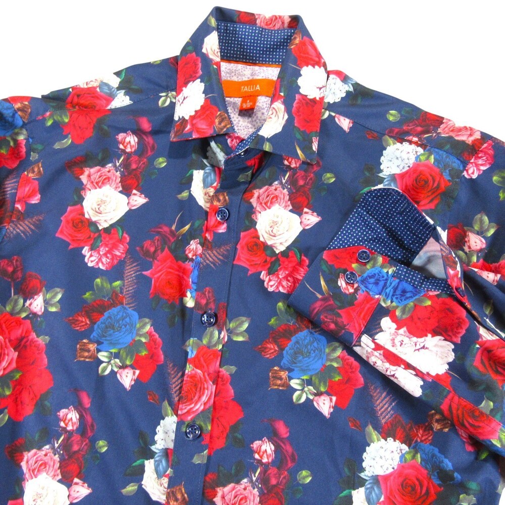 Tallia Mens Button Up Shirt S Navy Blue Floral Roses Party Stretch Polyester